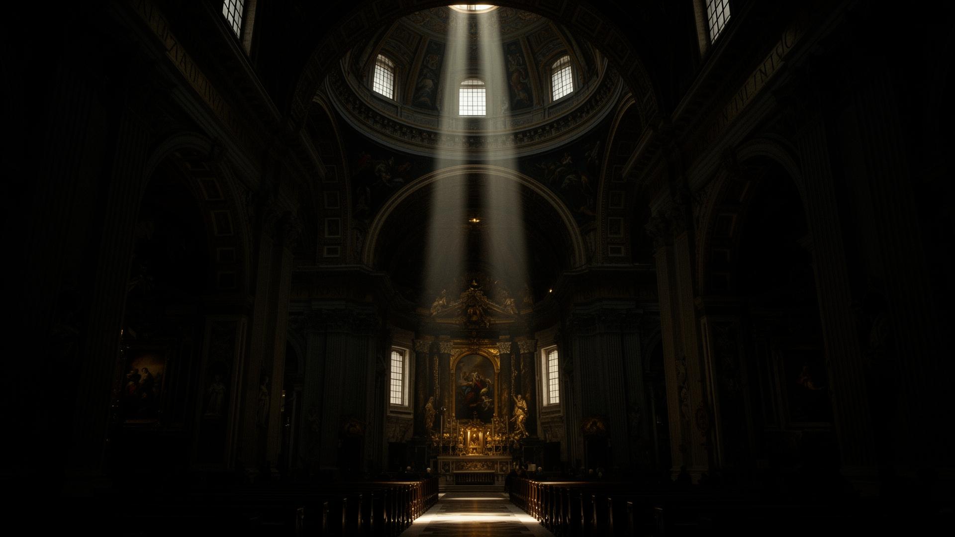 Interno di una basilica con sistema audio discreto integrato nell'architettura sacra